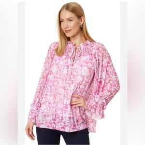 Vince Camuto Pleated Mesh Pink Floral 
Peasant Blouse - Size Large